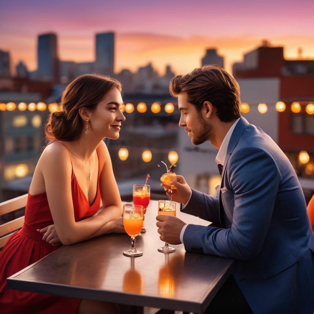An elegant city rooftop at sunset, featuring two stylish individuals sharing a playful glance over cocktails, surrounded by romantic fairy lights. Include subtle symbols of modern dating like mobile phones and social media icons in the background. The atmosphere should exude charm and flirtation, drawing in the viewer to feel the connection. super-realistic. warm colors. vibrant atmosphere.