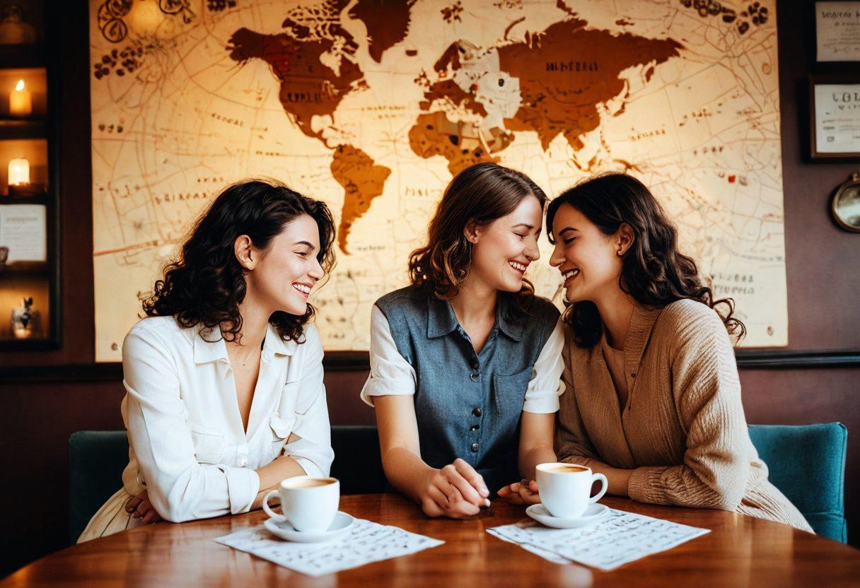 A cozy café setting where two individuals share laughter over coffee, with subtle hints of connection like intertwined fingers and eye contact. A warm, inviting atmosphere with heart-themed decor, showcasing elements like love letters, a clock showing different time zones, and a world map suggesting endless possibilities for relationships. Elements of modern dating like smartphones and social media icons subtly integrated. soft focus. warm tones. super-realistic.