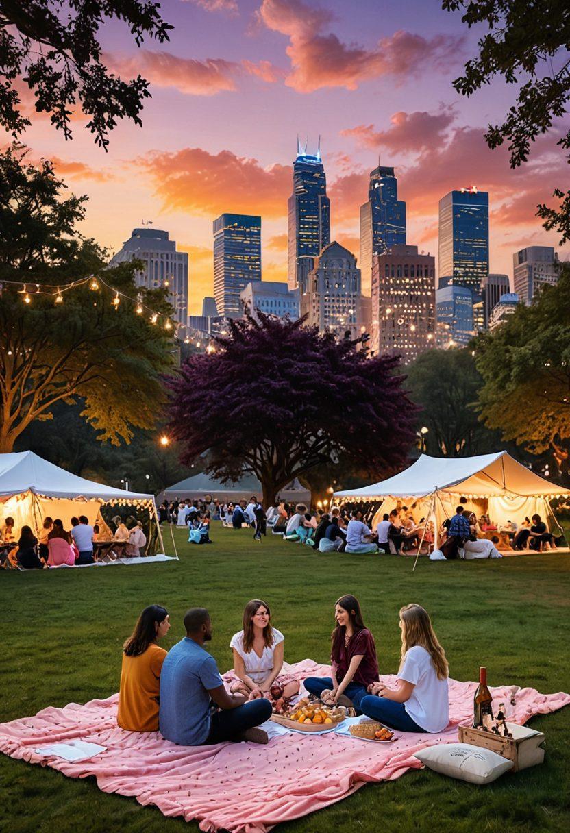 A vibrant, modern city skyline at sunset, featuring couples of diverse backgrounds enjoying casual encounters in a lively park. Include elements like picnic blankets, wine bottles, and cozy seating areas, emphasizing a sense of connection and intimacy. The color palette should be warm and inviting, enhancing the romantic atmosphere. super-realistic. vibrant colors.